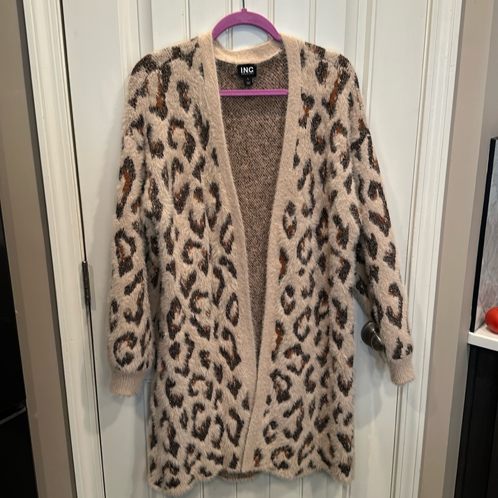 INC animal print long sweater.
